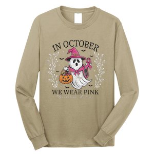 In October We Wear Pin.K Ghost Witch Breast Cancer Awareness Long Sleeve Shirt