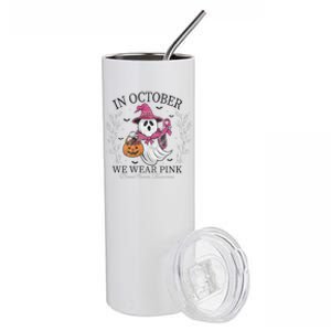 In October We Wear Pin.K Ghost Witch Breast Cancer Awareness Stainless Steel Tumbler