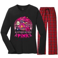 In October We Wear Pink Witch Cat Breast Cancer Awareness Women's Long Sleeve Flannel Pajama Set 