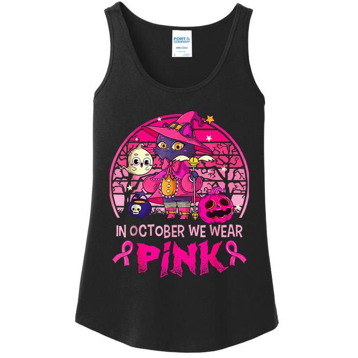 In October We Wear Pink Witch Cat Breast Cancer Awareness Ladies Essential Tank