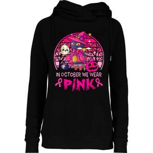 In October We Wear Pink Witch Cat Breast Cancer Awareness Womens Funnel Neck Pullover Hood