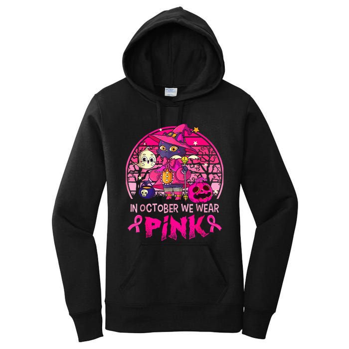 In October We Wear Pink Witch Cat Breast Cancer Awareness Women's Pullover Hoodie