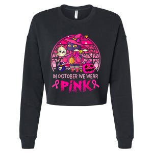 In October We Wear Pink Witch Cat Breast Cancer Awareness Cropped Pullover Crew