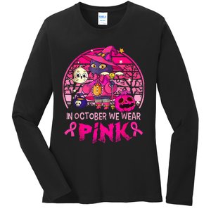 In October We Wear Pink Witch Cat Breast Cancer Awareness Ladies Long Sleeve Shirt