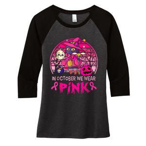 In October We Wear Pink Witch Cat Breast Cancer Awareness Women's Tri-Blend 3/4-Sleeve Raglan Shirt