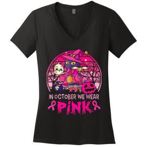 In October We Wear Pink Witch Cat Breast Cancer Awareness Women's V-Neck T-Shirt