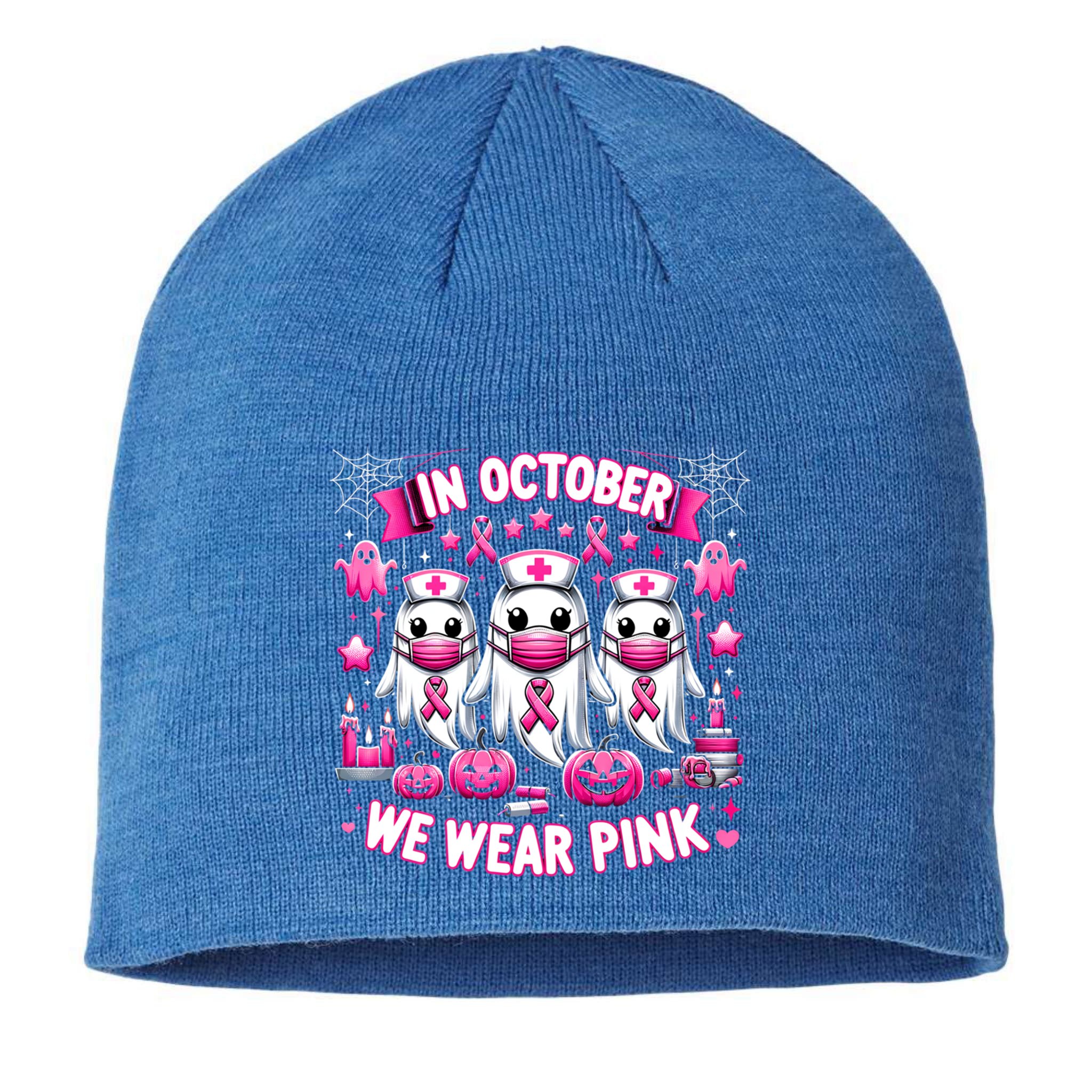 In October We Wear Nurse Ghost Halloween Breast Cancer Cute Gift Sustainable Beanie