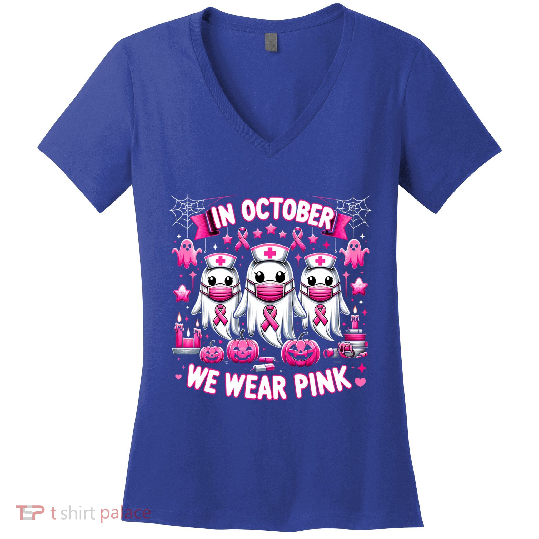 In October We Wear Nurse Ghost Halloween Breast Cancer Cute Gift Women's V-Neck T-Shirt