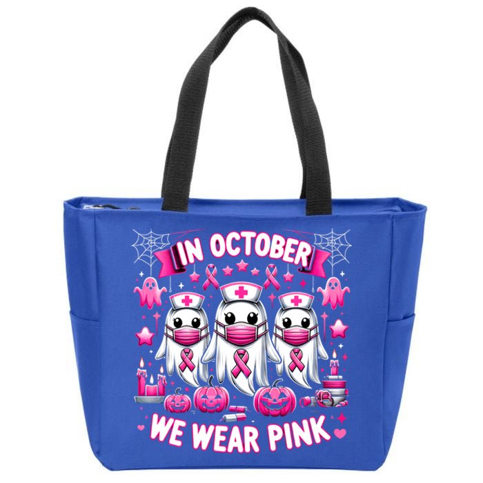 In October We Wear Nurse Ghost Halloween Breast Cancer Cute Gift Zip Tote Bag