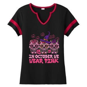 In October We Wear Pink Sugar Skull Halloween Breast Cancer Ladies Halftime Notch Neck Tee