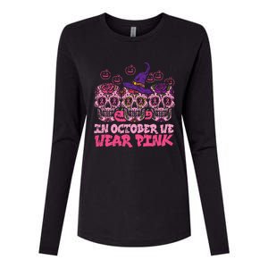 In October We Wear Pink Sugar Skull Halloween Breast Cancer Womens Cotton Relaxed Long Sleeve T-Shirt