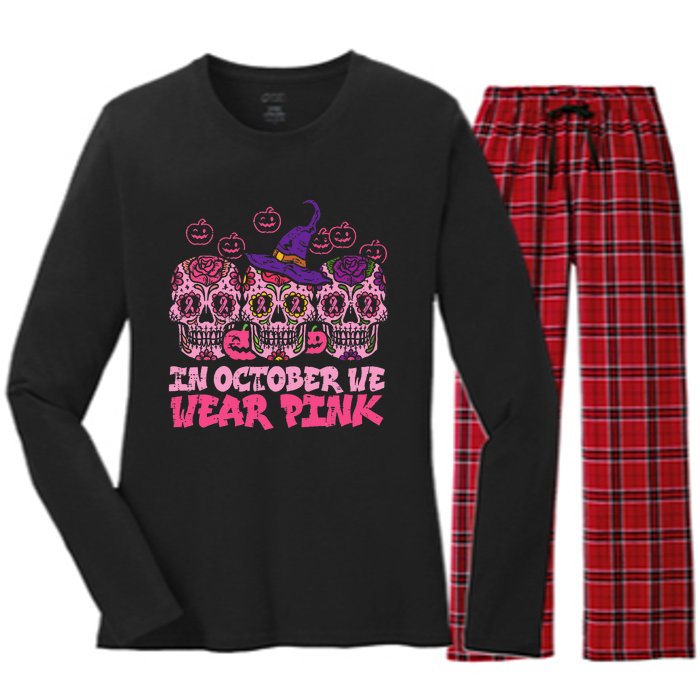 In October We Wear Pink Sugar Skull Halloween Breast Cancer Women's Long Sleeve Flannel Pajama Set 