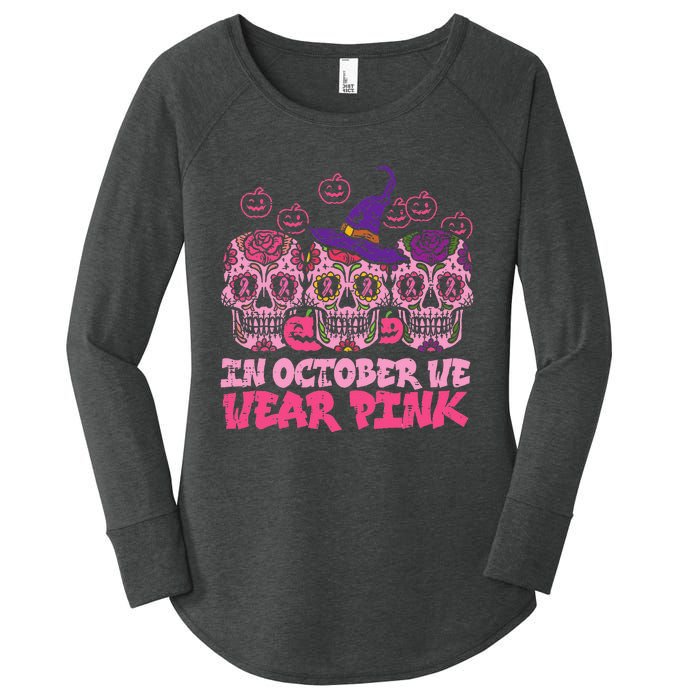 In October We Wear Pink Sugar Skull Halloween Breast Cancer Women's Perfect Tri Tunic Long Sleeve Shirt