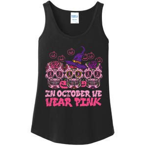 In October We Wear Pink Sugar Skull Halloween Breast Cancer Ladies Essential Tank