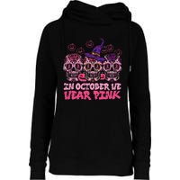 In October We Wear Pink Sugar Skull Halloween Breast Cancer Womens Funnel Neck Pullover Hood