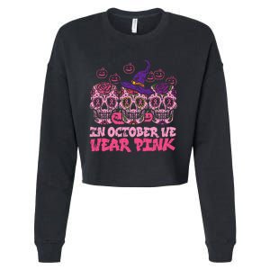 In October We Wear Pink Sugar Skull Halloween Breast Cancer Cropped Pullover Crew