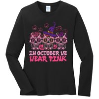 In October We Wear Pink Sugar Skull Halloween Breast Cancer Ladies Long Sleeve Shirt