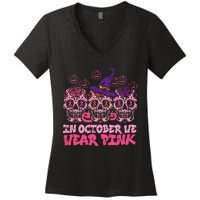 In October We Wear Pink Sugar Skull Halloween Breast Cancer Women's V-Neck T-Shirt