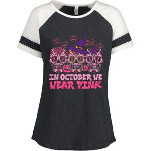 In October We Wear Pink Sugar Skull Halloween Breast Cancer Enza Ladies Jersey Colorblock Tee