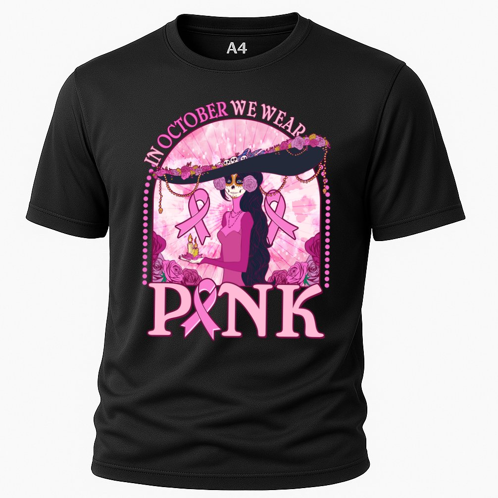 In October We Wear Pink Sugar Skull Lady Breast Cancer Awareness Cooling Performance Crew T-Shirt