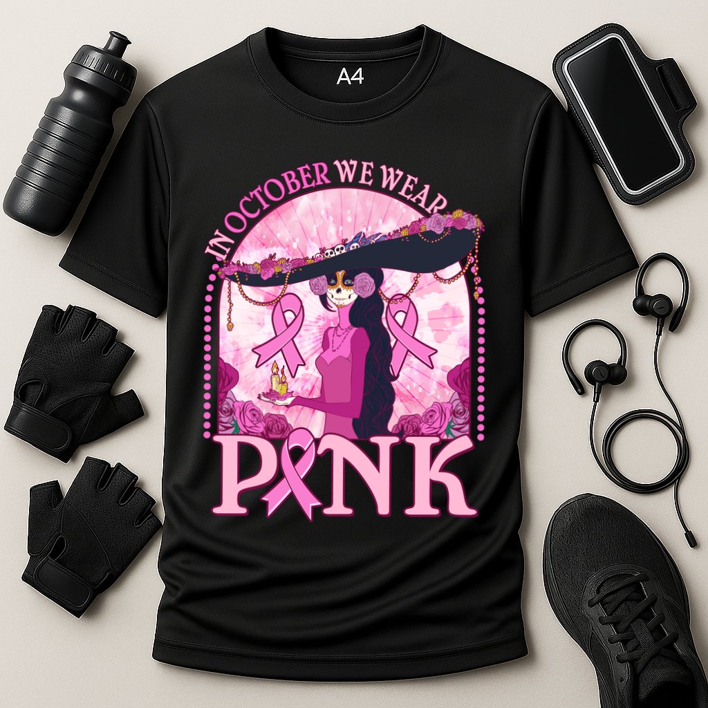 In October We Wear Pink Sugar Skull Lady Breast Cancer Awareness Cooling Performance Crew T-Shirt