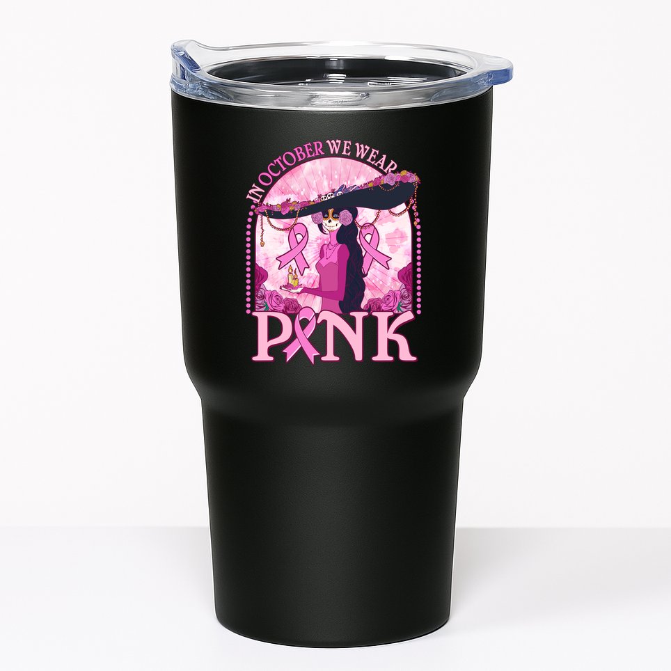 In October We Wear Pink Sugar Skull Lady Breast Cancer Awareness Tumbler