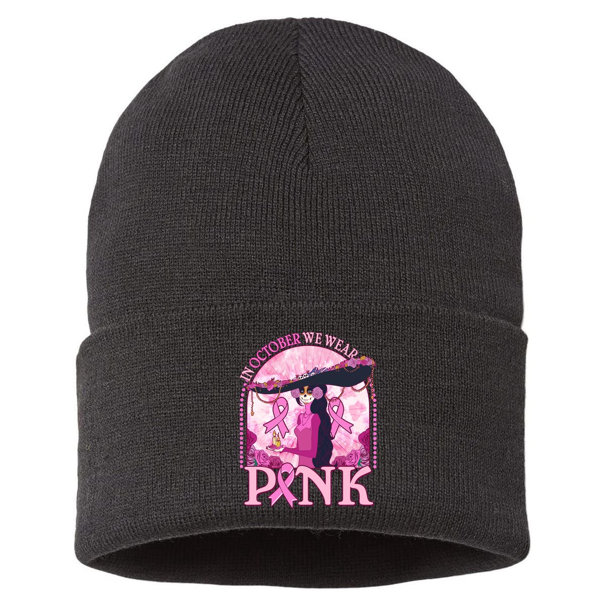In October We Wear Pink Sugar Skull Lady Breast Cancer Awareness Sustainable Knit Beanie