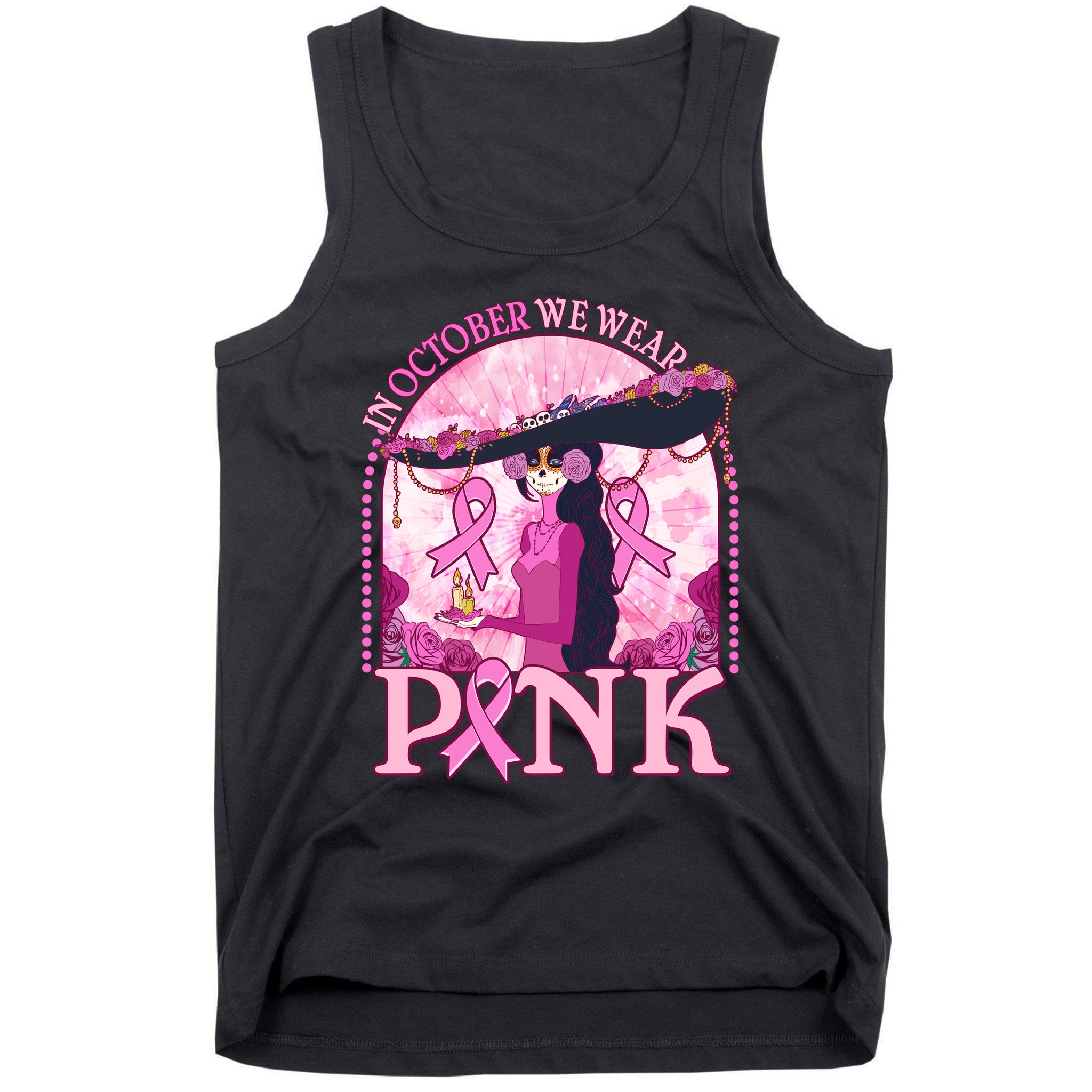 In October We Wear Pink Sugar Skull Lady Breast Cancer Awareness Tank Top