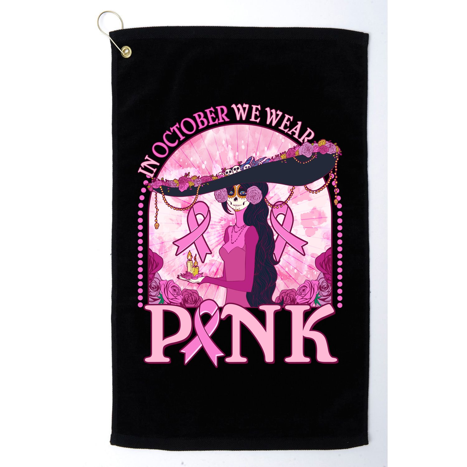 In October We Wear Pink Sugar Skull Lady Breast Cancer Awareness Golf Towel