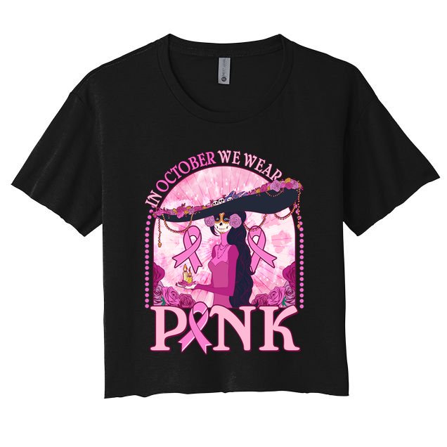 In October We Wear Pink Sugar Skull Lady Breast Cancer Awareness Crop Top