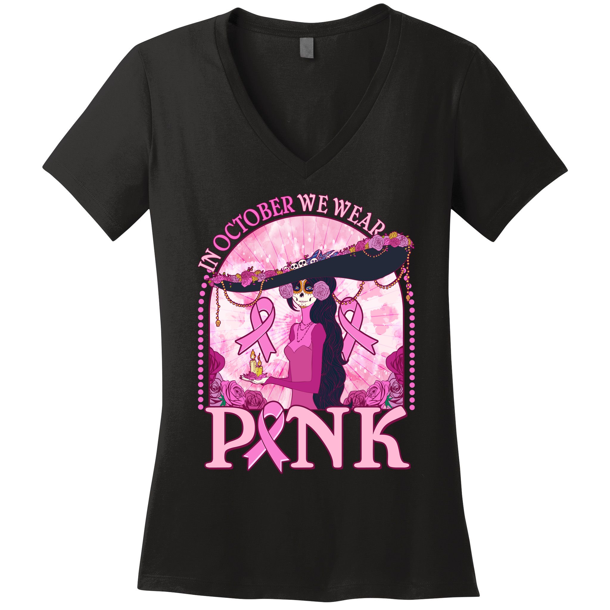 In October We Wear Pink Sugar Skull Lady Breast Cancer Awareness Women's V-Neck T-Shirt
