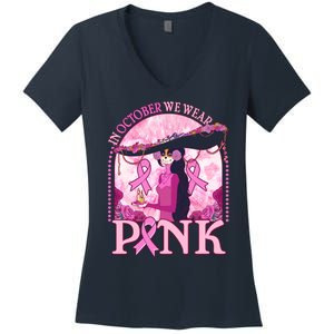 In October We Wear Pink Sugar Skull Lady Breast Cancer Awareness Women's V-Neck T-Shirt