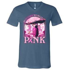 In October We Wear Pink Sugar Skull Lady Breast Cancer Awareness V-Neck T-Shirt