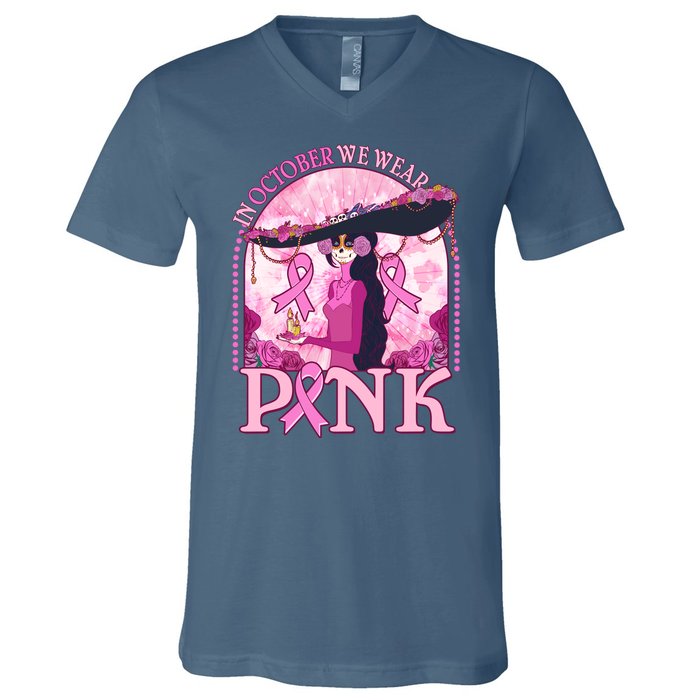 In October We Wear Pink Sugar Skull Lady Breast Cancer Awareness V-Neck T-Shirt