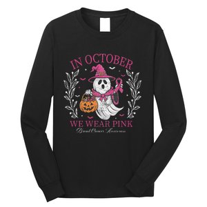 In October We Wear Pin.K Ghost Witch Breast Cancer Awareness Long Sleeve Shirt