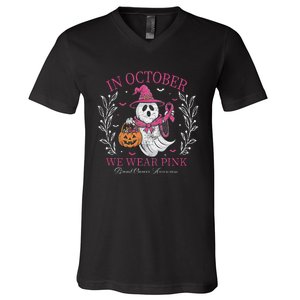 In October We Wear Pin.K Ghost Witch Breast Cancer Awareness V-Neck T-Shirt