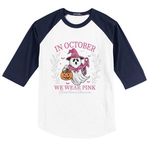 In October We Wear Pin.K Ghost Witch Breast Cancer Awareness Baseball Sleeve Shirt