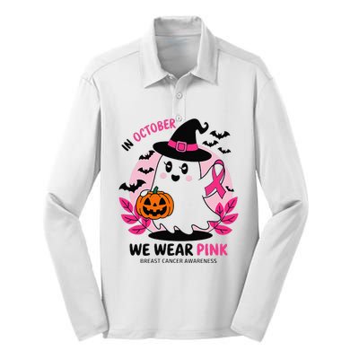 In October We Wear Pin.K Ghost Witch Breast Cancer Awareness Silk Touch Performance Long Sleeve Polo