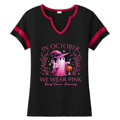 In October We Wear Ghost Witch Breast Cancer Awareness Ladies Halftime Notch Neck Tee