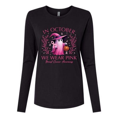 In October We Wear Ghost Witch Breast Cancer Awareness Womens Cotton Relaxed Long Sleeve T-Shirt