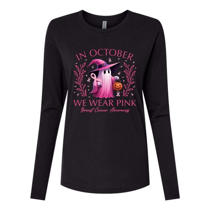 In October We Wear Ghost Witch Breast Cancer Awareness Womens Cotton Relaxed Long Sleeve T-Shirt