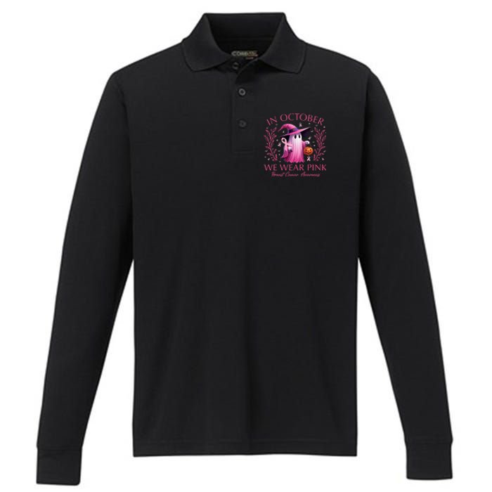 In October We Wear Ghost Witch Breast Cancer Awareness Performance Long Sleeve Polo