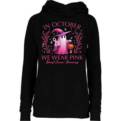 In October We Wear Ghost Witch Breast Cancer Awareness Womens Funnel Neck Pullover Hood