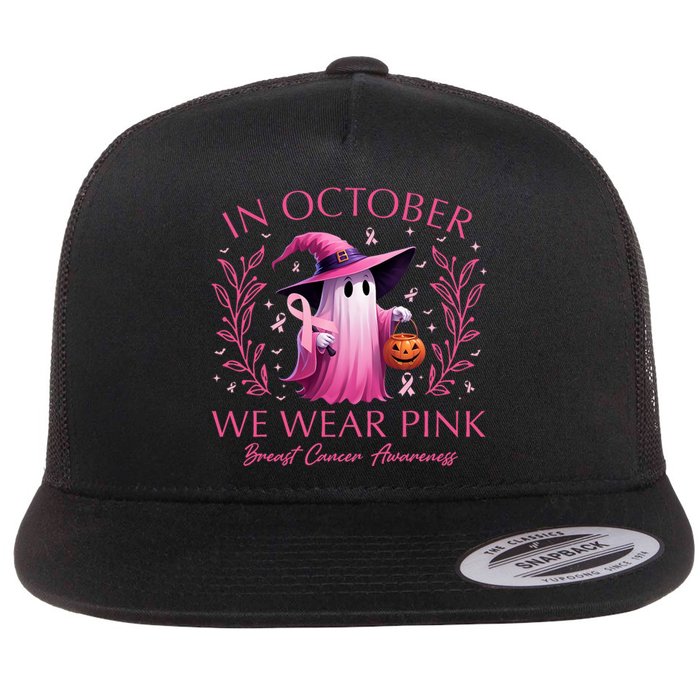 In October We Wear Ghost Witch Breast Cancer Awareness Flat Bill Trucker Hat