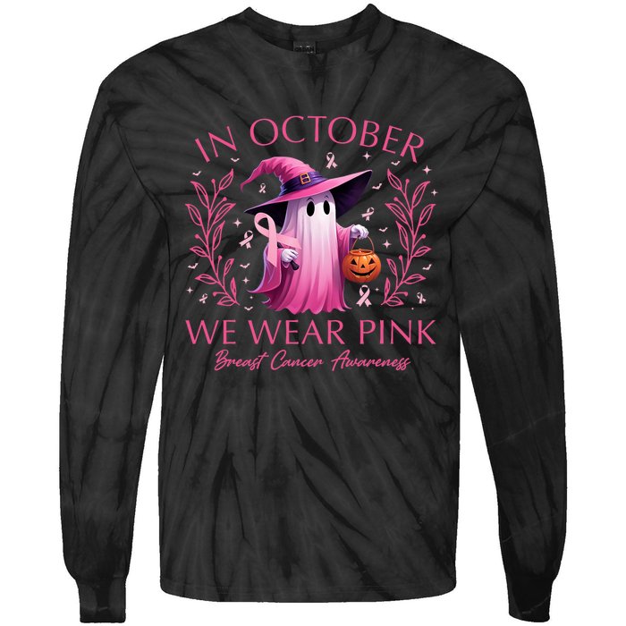 In October We Wear Ghost Witch Breast Cancer Awareness Tie-Dye Long Sleeve Shirt