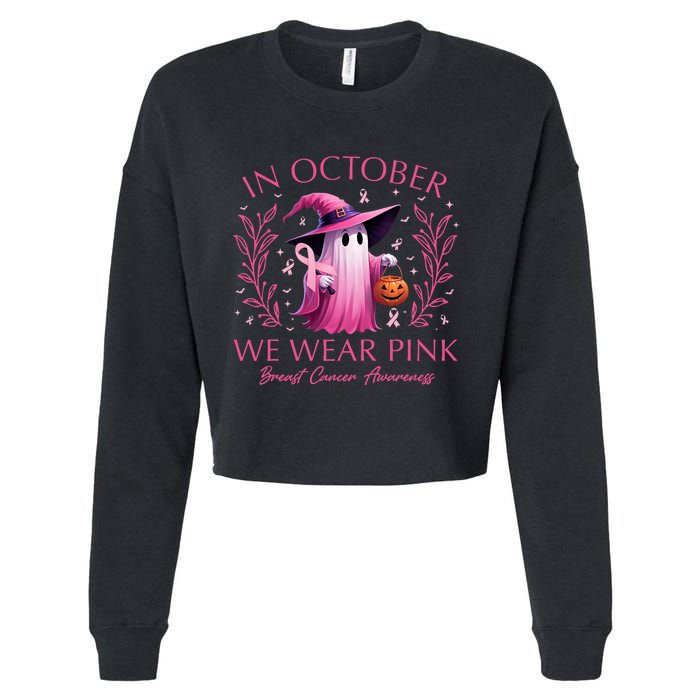 In October We Wear Ghost Witch Breast Cancer Awareness Cropped Pullover Crew