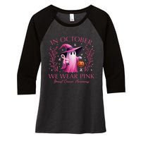 In October We Wear Ghost Witch Breast Cancer Awareness Women's Tri-Blend 3/4-Sleeve Raglan Shirt