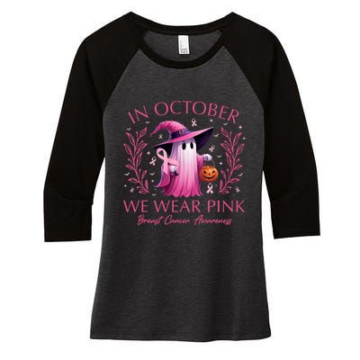 In October We Wear Ghost Witch Breast Cancer Awareness Women's Tri-Blend 3/4-Sleeve Raglan Shirt