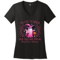 In October We Wear Ghost Witch Breast Cancer Awareness Women's V-Neck T-Shirt