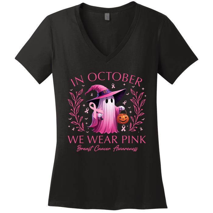 In October We Wear Ghost Witch Breast Cancer Awareness Women's V-Neck T-Shirt